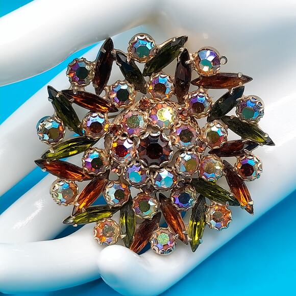 Vintage Topaz AB Rhinestone Floral Brooch Green Navette Gold Tone 2.25\